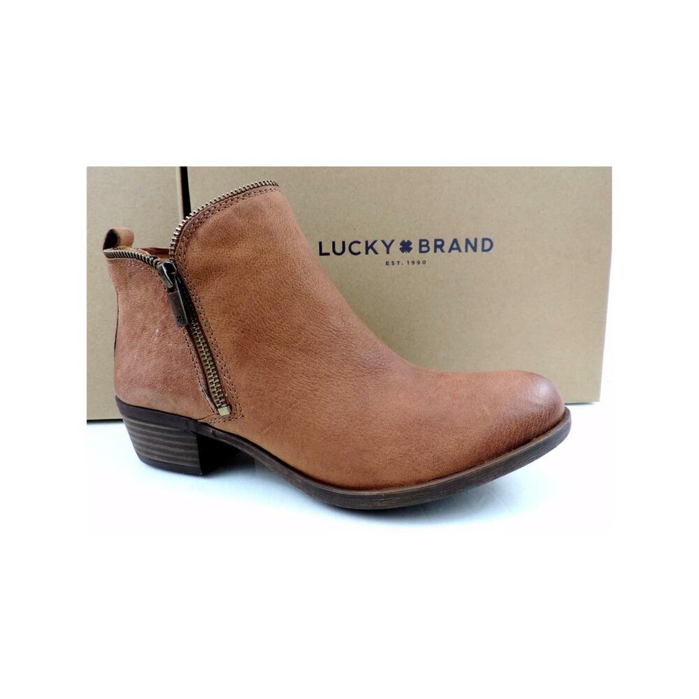 Lucky Brand Bartalino Block Heel Booties Ankle Boots Leather Whisky Size 7.5